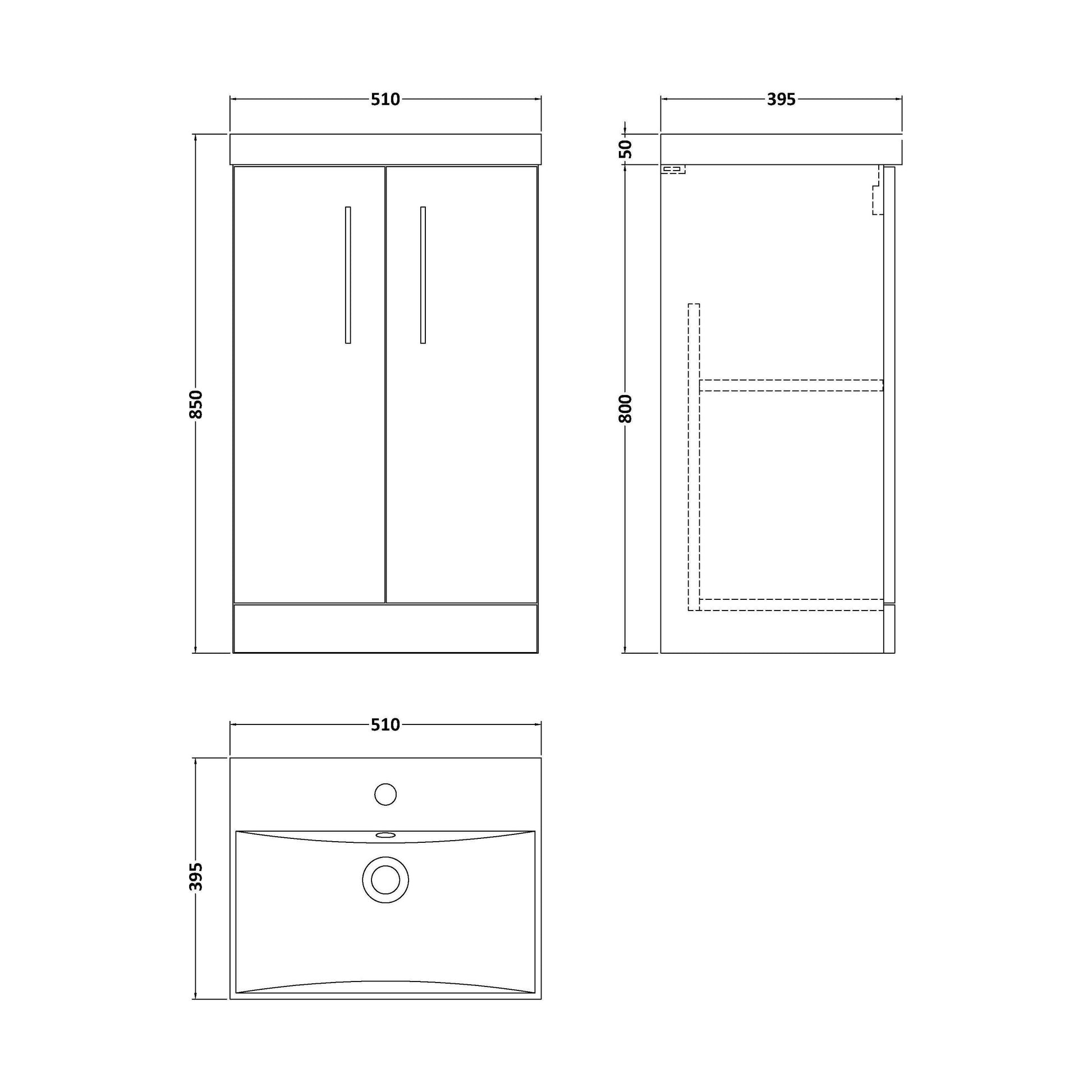[BFLE601D] Balterley  Modern Bathroom 2 Soft Close Door Floor Standing Vanity Unit & Thin-Edge Basin, Charcoal Black, 500mm - Technical Drawing