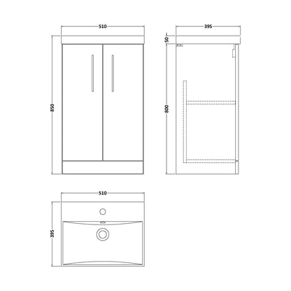 [BFLE601D] Balterley  Modern Bathroom 2 Soft Close Door Floor Standing Vanity Unit & Thin-Edge Basin, Charcoal Black, 500mm - Technical Drawing