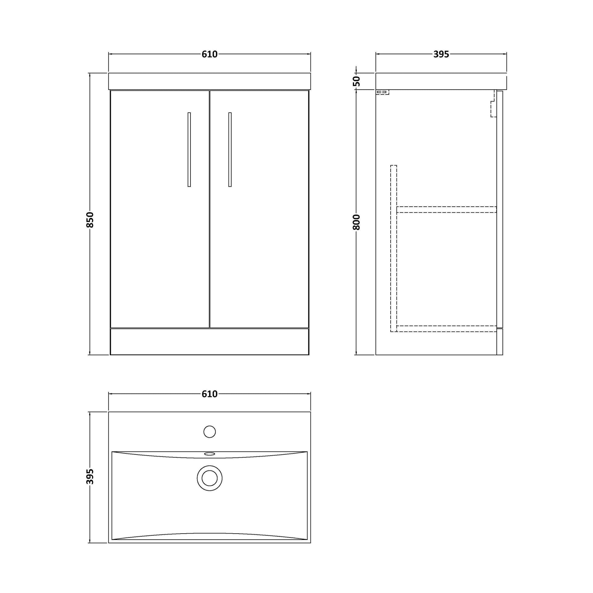 [BFLE603D] Balterley  Modern Bathroom 2 Soft Close Door Floor Standing Vanity Unit & Thin-Edge Basin, Charcoal Black, 600mm - Technical Drawing