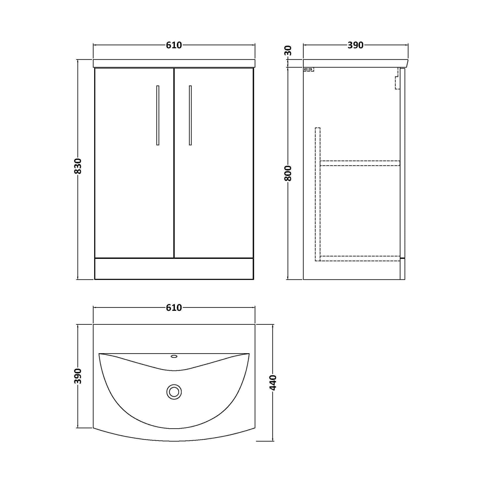 [BFLE603G] Balterley  Modern Bathroom 2 Soft Close Door Floor Standing Vanity & Basin, Charcoal Black, 600mm - Technical Drawing