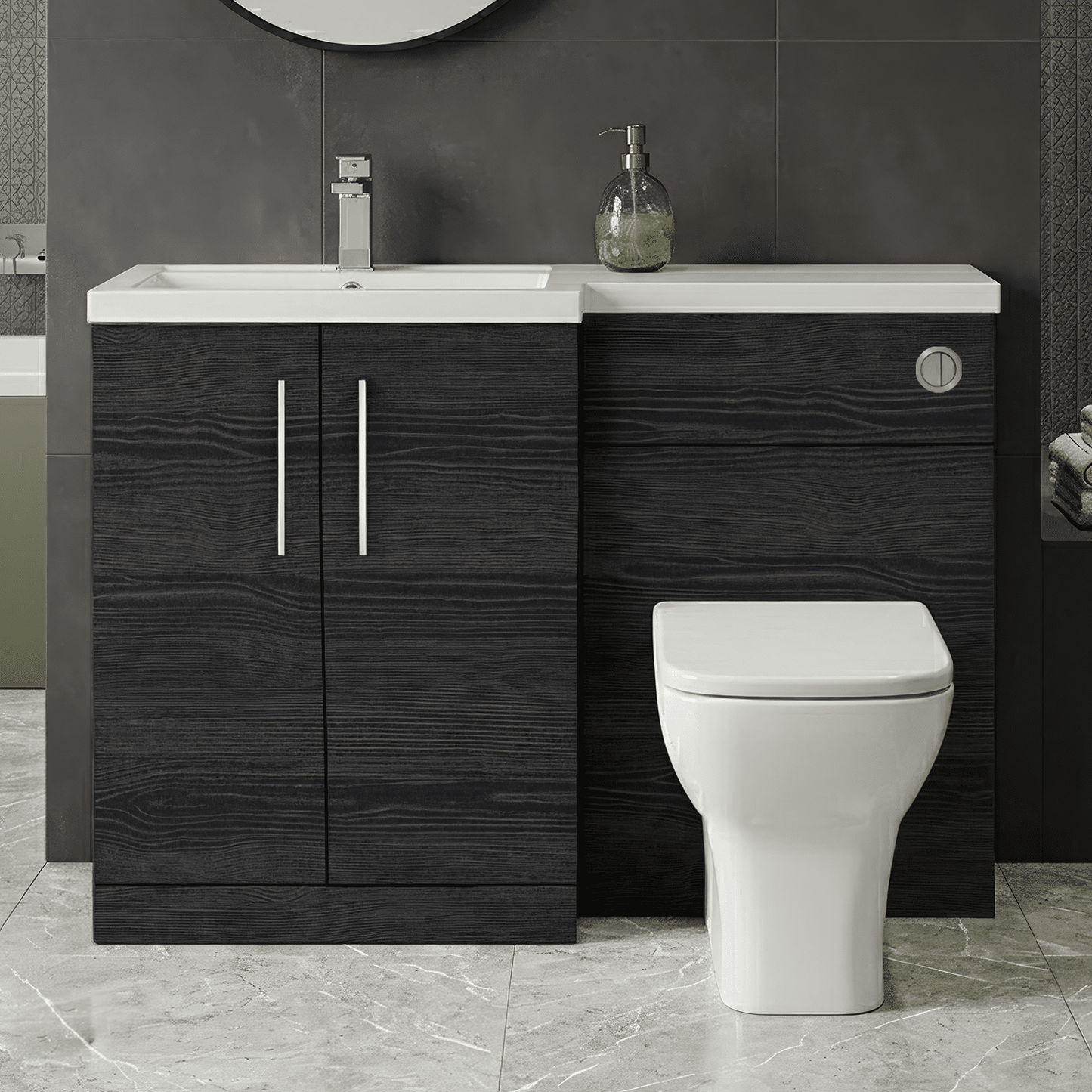 [BFLE611L] Bramshall Combination Vanity Unit with Basin & WC, Left Hand, 1100mm x 390mm - Choice of Colour and Handle Finish - Silo