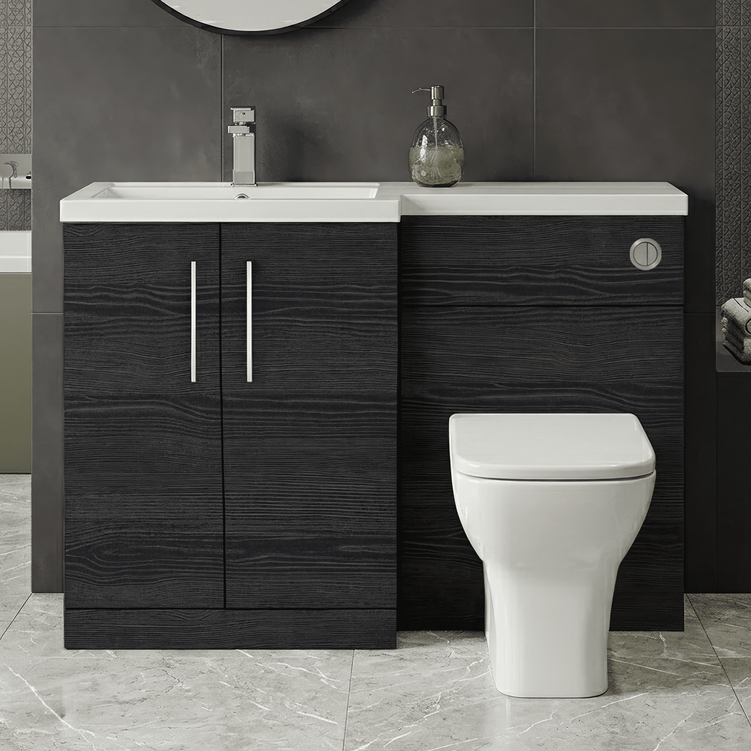 [BFLE611L] Bramshall Combination Vanity Unit with Basin & WC, Left Hand, 1100mm x 390mm - Choice of Colour and Handle Finish - Silo