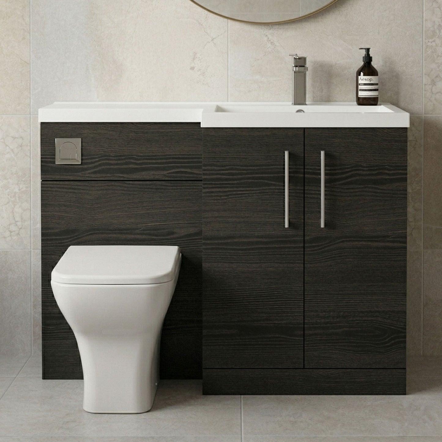 [BFLE611RH716] Bramshall Combination Vanity Unit with Basin & WC, Right Hand, 1100mm x 390mm - Choice of Colour and Handle Finish - Silo