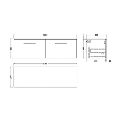 [BFLE622LCM2] Balterley Level 1200 mm Wall Hung 2 Drawer Vanity Unit with Laminate Worktop for Modern Bathroom Storage - Charcoal Black - Technical Drawing