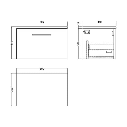 [BFLE622LCM] Balterley Level 600mm Wall Hung 1 Drawer Vanity Unit with Laminate Worktop for Modern Bathroom Storage - Charcoal Black - Technical Drawing