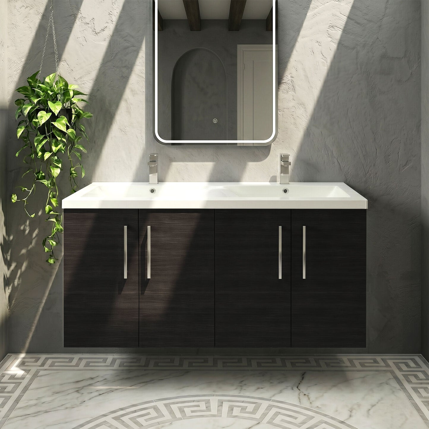 [BFLE623F2] Balterley Level 1200mm Wall Hung 4-Door Vanity Unit with Double Basin for Modern Bathroom Storage - Gloss White - Silo