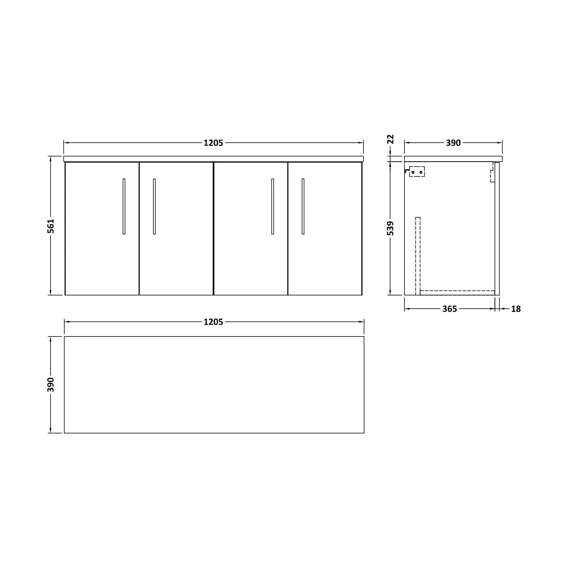 [BFLE623LCM2] Balterley Level 1200mm Wall Hung 2 Door Vanity Unit with Laminate Worktop for Modern Bathroom Storage - Charcoal Black - Technical Drawing