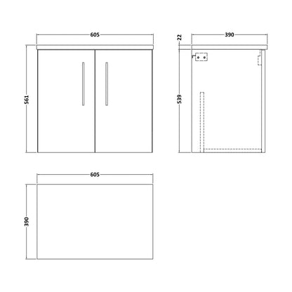 [BFLE623LCM] Balterley Level 600mm Wall Hung 2 Door Vanity Unit & Laminate Worktop for Modern Bathroom Storage - Charcoal Black - Technical Drawing