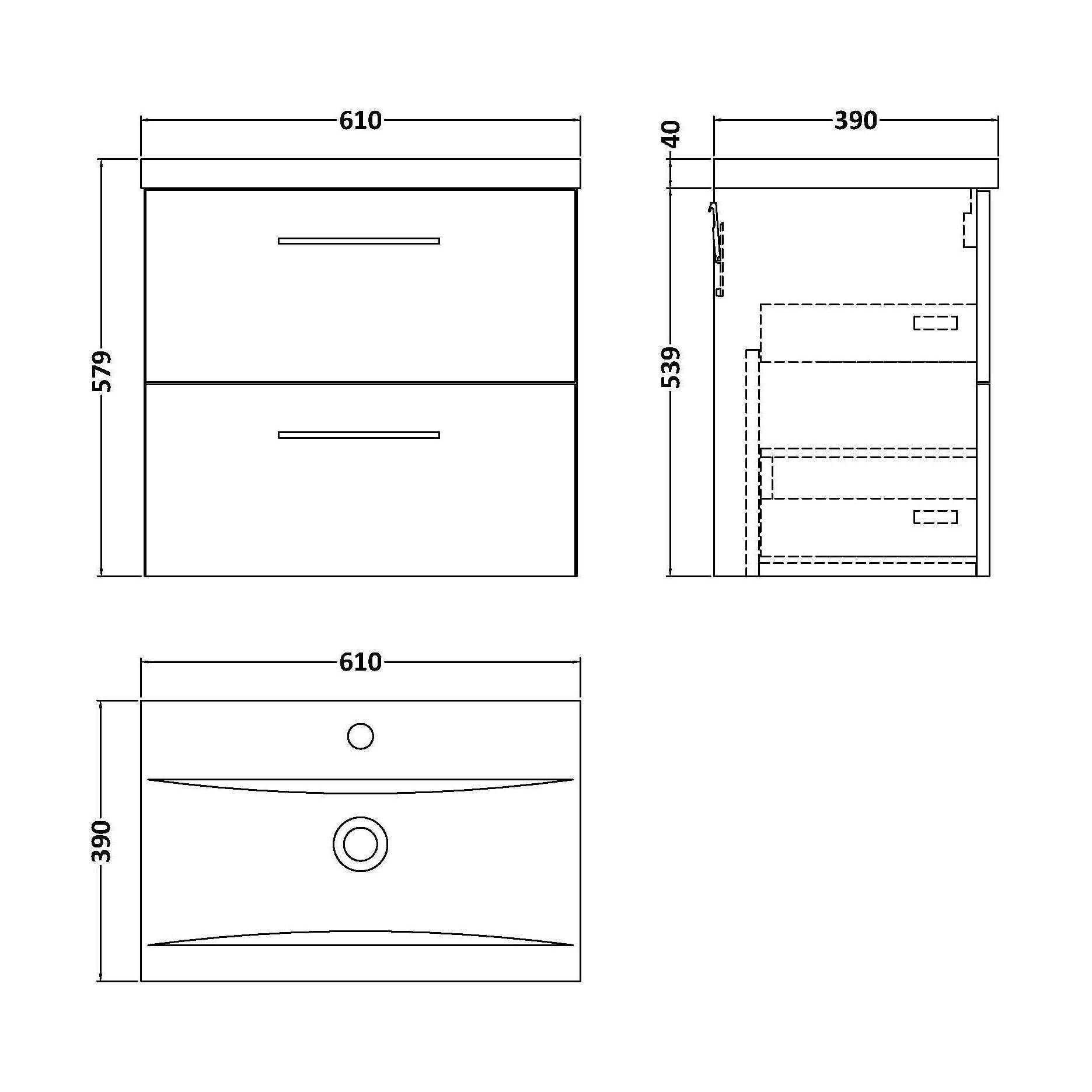 [BFLE624AH019] Bramshall Wall Hung 2 Drawer Vanity Unit with Mid-Edge Ceramic Basin - Choice of Colour, Handle Finish and Size - Technical Drawing