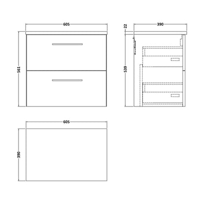 [BFLE624LBG] Balterley Level 600mm Wall Hung 2 Drawer Vanity Unit with Laminate Worktop for Modern Bathroom Storage - Charcoal Black - Technical Drawing