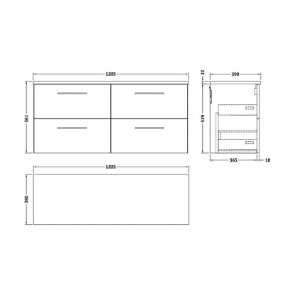 [BFLE624LCM2] Balterley Level 1200mm Wall Hung 4 Drawer Vanity Unit & Laminate Worktop for Modern Bathroom Storage - Charcoal Black - Technical Drawing