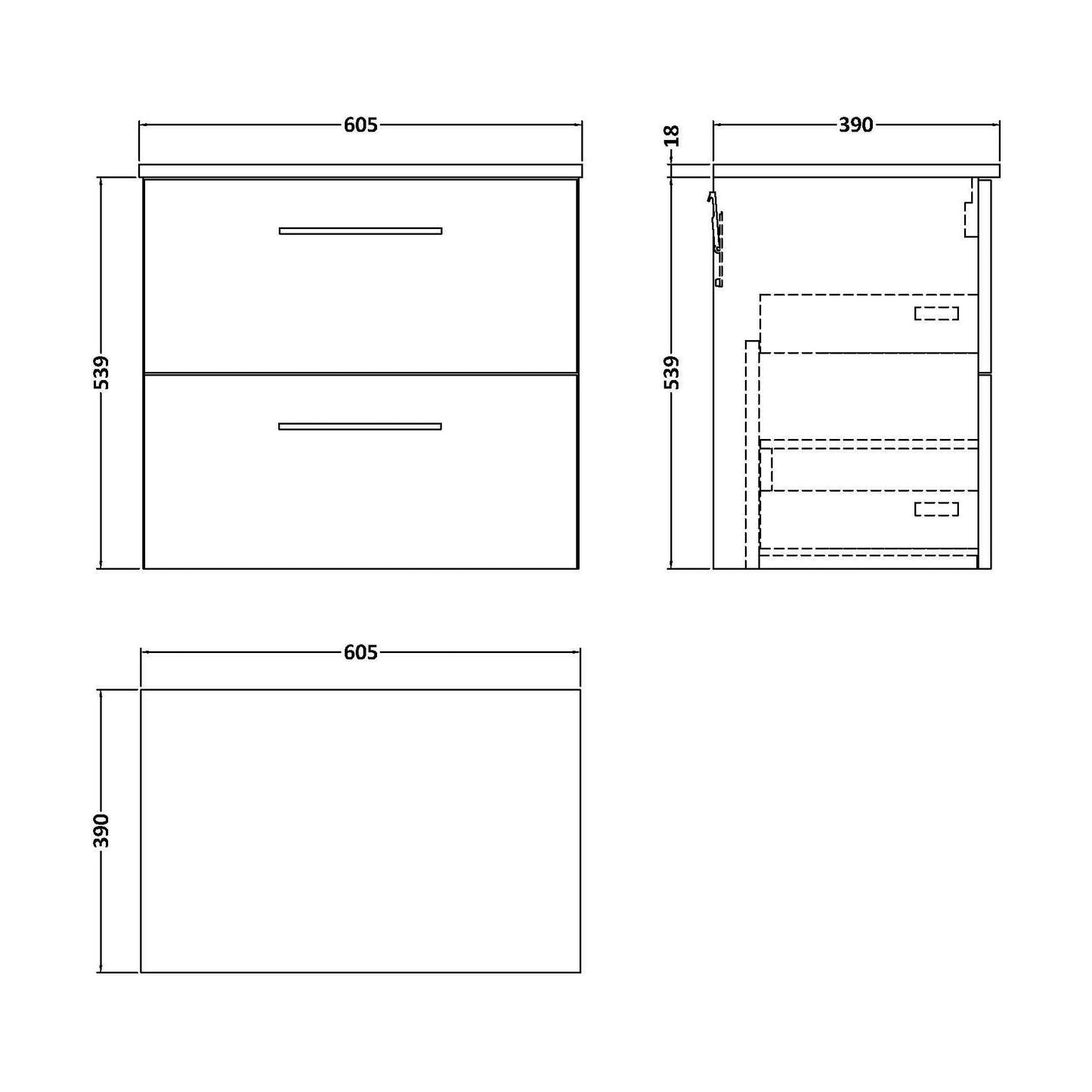 [BFLE624W] Balterley Level Modern Bathroom 2 Soft Close Drawer Wall Hung Vanity Unit with Worktop, Charcoal Black, 600 mm - Technical Drawing