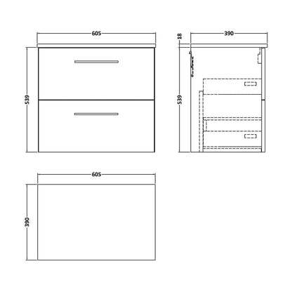 [BFLE624W] Balterley Level Modern Bathroom 2 Soft Close Drawer Wall Hung Vanity Unit with Worktop, Charcoal Black, 600 mm - Technical Drawing