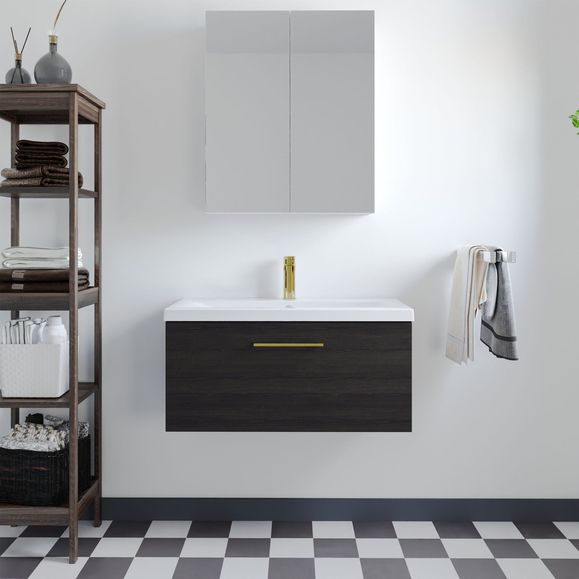 [BFLE625AH017] Bramshall Wall Hung 1 Drawer Vanity Unit with Mid-Edge Ceramic Basin - Choice of Colour, Handle Finish and Size - Lifestyle 1