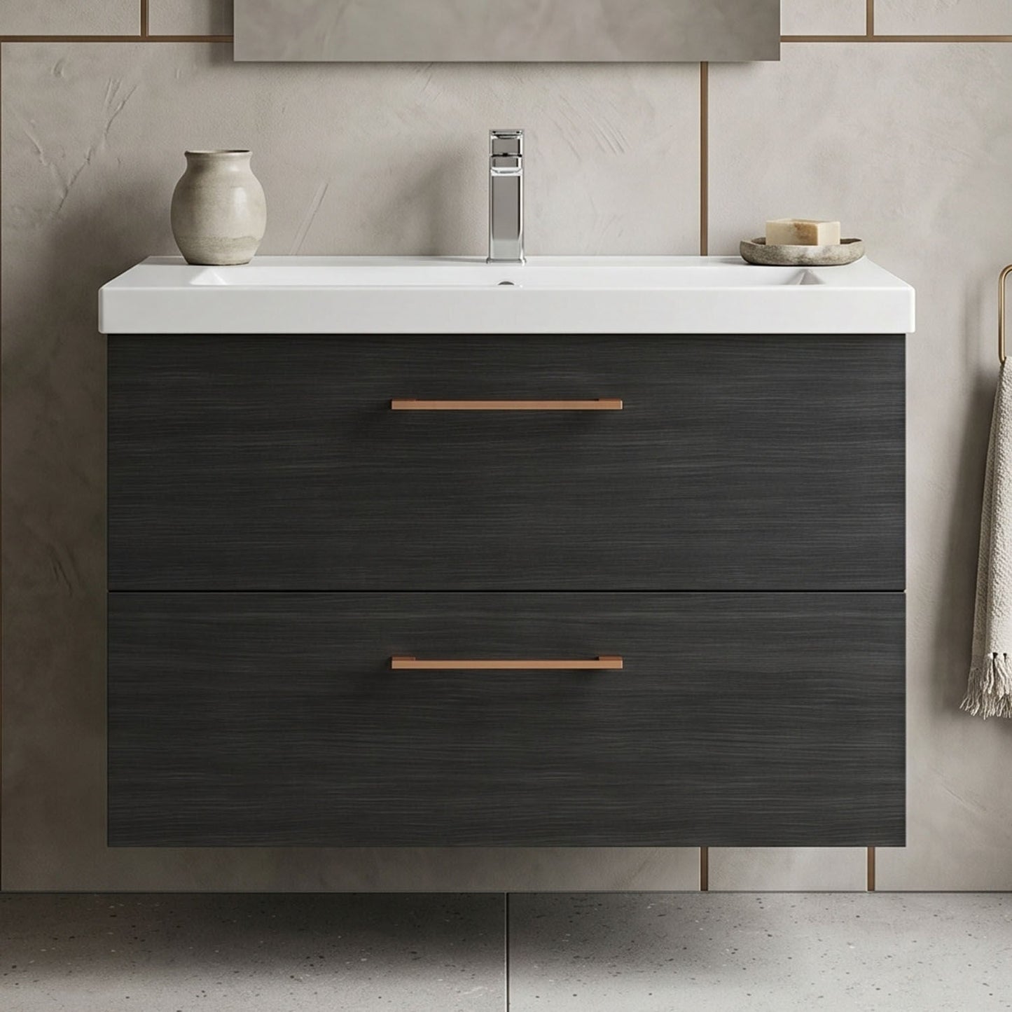 [BFLE626AH019] Bramshall Wall Hung 2 Drawer Vanity Unit with Mid-Edge Ceramic Basin - Choice of Colour, Handle Finish and Size - Silo