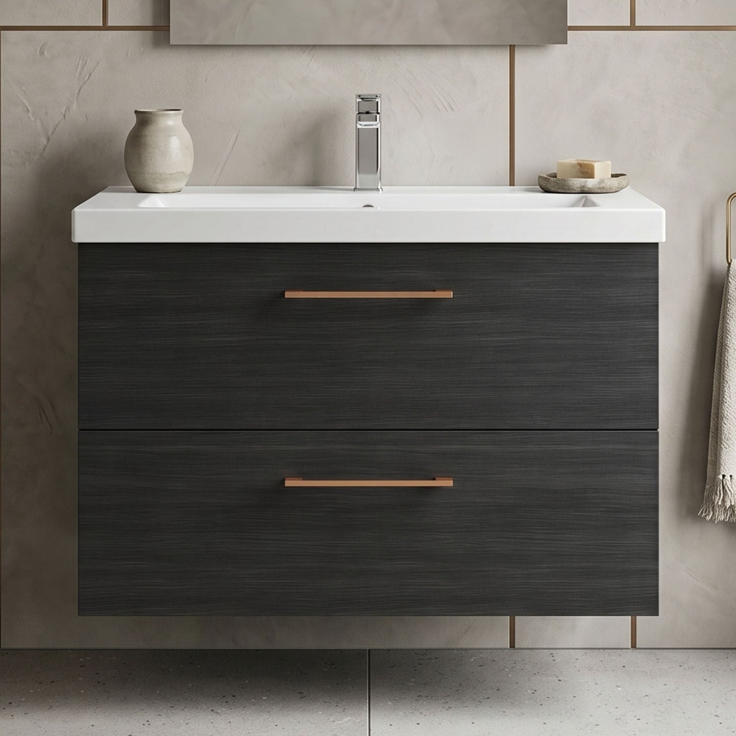 [BFLE626AH019] Bramshall Wall Hung 2 Drawer Vanity Unit with Mid-Edge Ceramic Basin - Choice of Colour, Handle Finish and Size - Silo