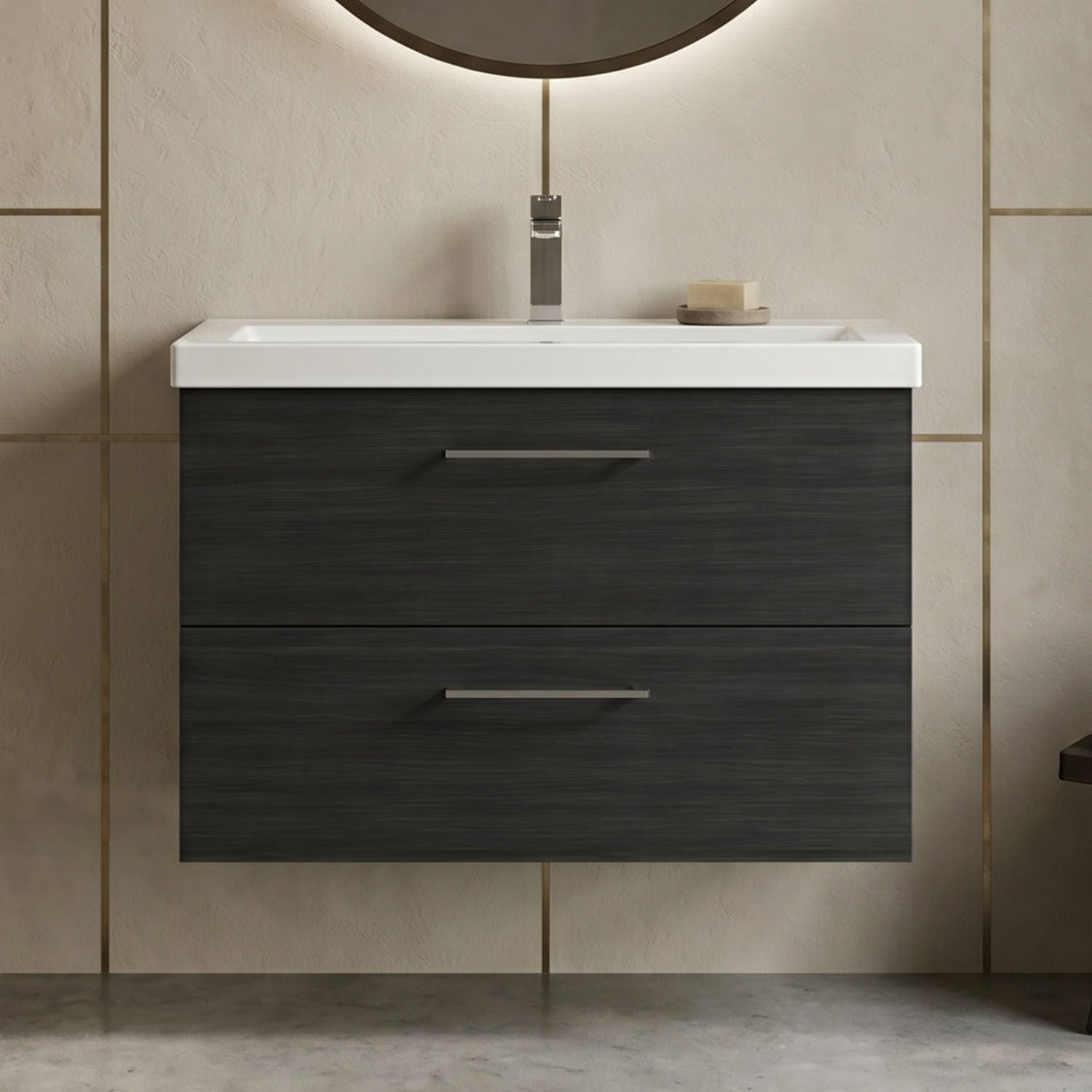 [BFLE626A] Bramshall Wall Hung 2 Drawer Vanity Unit with Mid-Edge Ceramic Basin - Choice of Colour, Handle Finish and Size - Silo