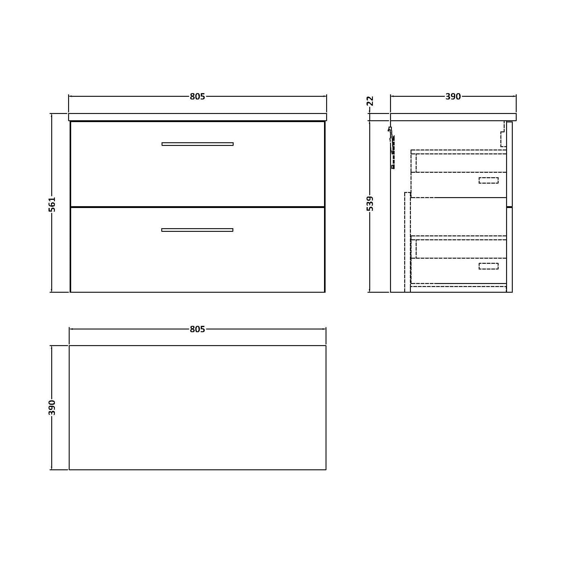 [BFLE626LBG] Balterley Level 800mm Wall Hung 2 Drawer Vanity Unit with Laminate Worktop for Modern Bathroom Storage - Charcoal Black - Technical Drawing