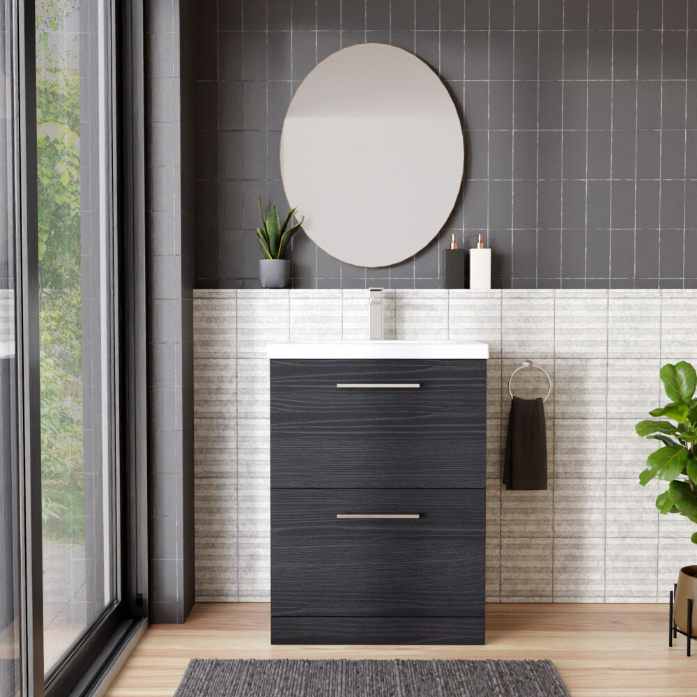 [BFLE633A] Balterley Contemporary Bathroom Floor Standing 2 Soft-Close Drawer Vanity Unit & Mid-Edge Basin, Charcoal Black, 600 mm - Lifestyle 1