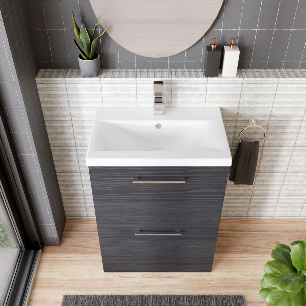 [BFLE633A] Balterley Contemporary Bathroom Floor Standing 2 Soft-Close Drawer Vanity Unit & Mid-Edge Basin, Charcoal Black, 600 mm - Lifestyle 2