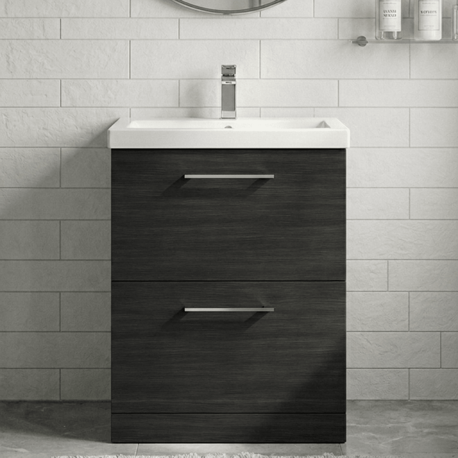 [BFLE633A] Balterley Contemporary Bathroom Floor Standing 2 Soft-Close Drawer Vanity Unit & Mid-Edge Basin, Charcoal Black, 600 mm - Silo