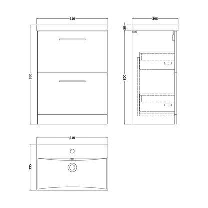 [BFLE633D] Balterley  Modern Bathroom 2 Soft Close Drawer Floor Standing Vanity Unit & Thin-Edge Basin, Charcoal Black, 600mm - Technical Drawing