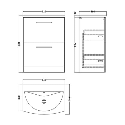 [BFLE633G] Balterley  Modern Bathroom 2 Soft Close Drawer Floor Standing Vanity & Curved Basin, Charcoal Black, 600mm - Technical Drawing