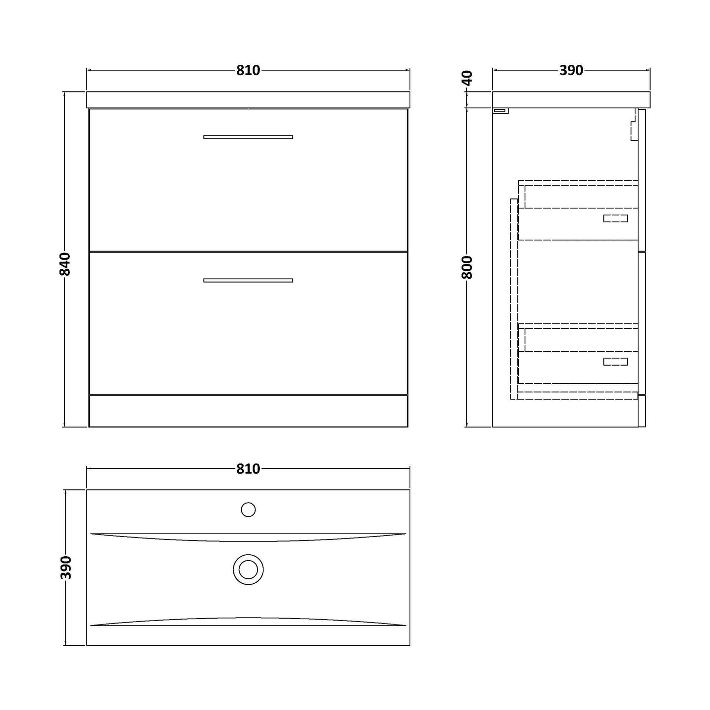[BFLE635A] Balterley Contemporary Bathroom Floor Standing 2 Soft-Close Drawer Vanity Unit & Mid-Edge Basin, Charcoal Black, 800 mm - Technical Drawing