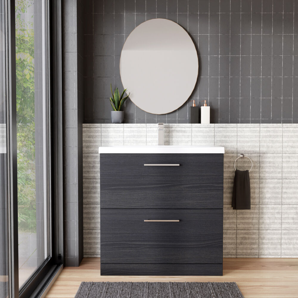 [BFLE635A] Balterley Contemporary Bathroom Floor Standing 2 Soft-Close Drawer Vanity Unit & Mid-Edge Basin, Charcoal Black, 800 mm - Lifestyle 1