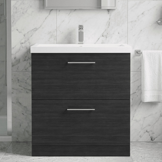 [BFLE635A] Balterley Contemporary Bathroom Floor Standing 2 Soft-Close Drawer Vanity Unit & Mid-Edge Basin, Charcoal Black, 800 mm - Silo