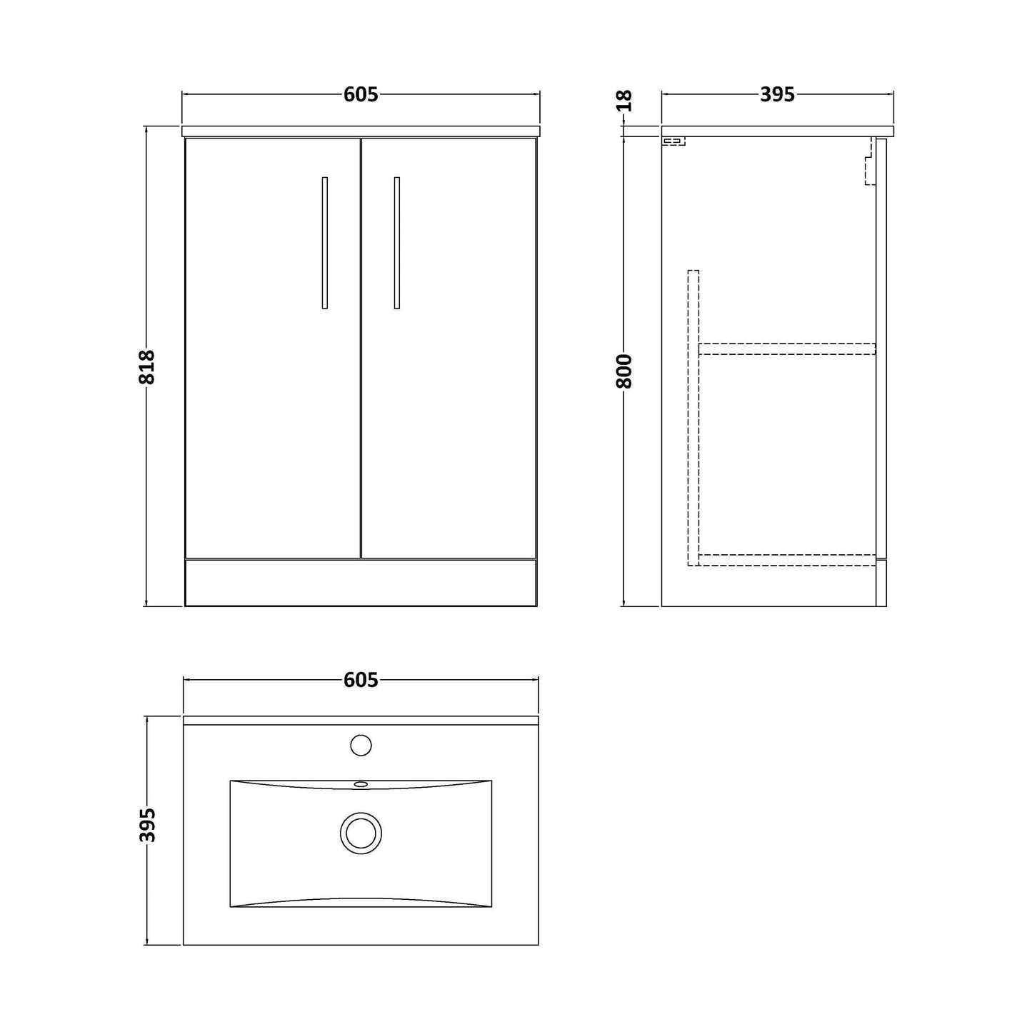 [BFLE803B] Balterley  Contemporary Bathroom 2 Soft Close Door & Minimalist Floor Standing Vanity Unit Basin, Satin Green, 600mm - Technical Drawing