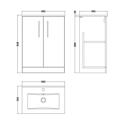 [BFLE803B] Balterley  Contemporary Bathroom 2 Soft Close Door & Minimalist Floor Standing Vanity Unit Basin, Satin Green, 600mm - Technical Drawing