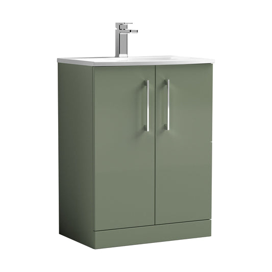 [BFLE803G] Balterley  Modern Bathroom 2 Soft Close Door Floor Standing Vanity Unit & Curved Basin, Satin Green, 600mm - Cutout