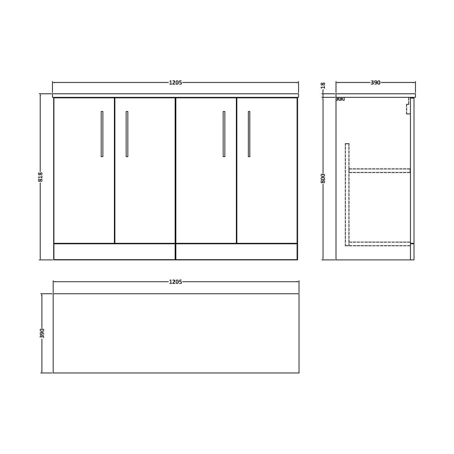 [BFLE803W2] Balterley Level Modern Bathroom 2 Door Floor Standing Vanity Unit with Worktop & D Shape Handles, Satin Green, 1205 mm - Technical Drawing