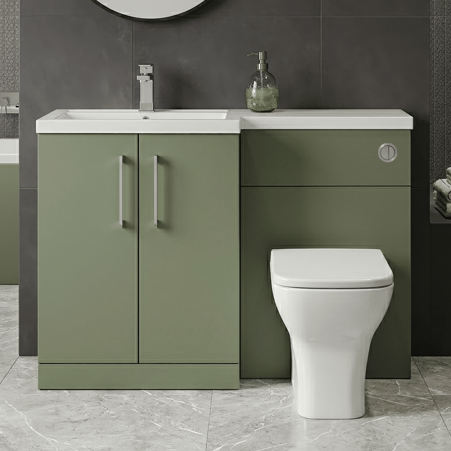 [BFLE811L] Bramshall Combination Vanity Unit with Basin & WC, Left Hand, 1100mm x 390mm - Choice of Colour and Handle Finish - Silo
