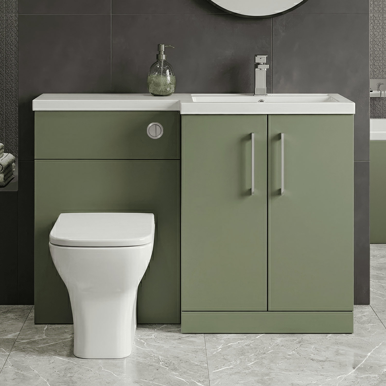 [BFLE811R] Bramshall Combination Vanity Unit with Basin & WC, Right Hand, 1100mm x 390mm - Choice of Colour and Handle Finish - Silo