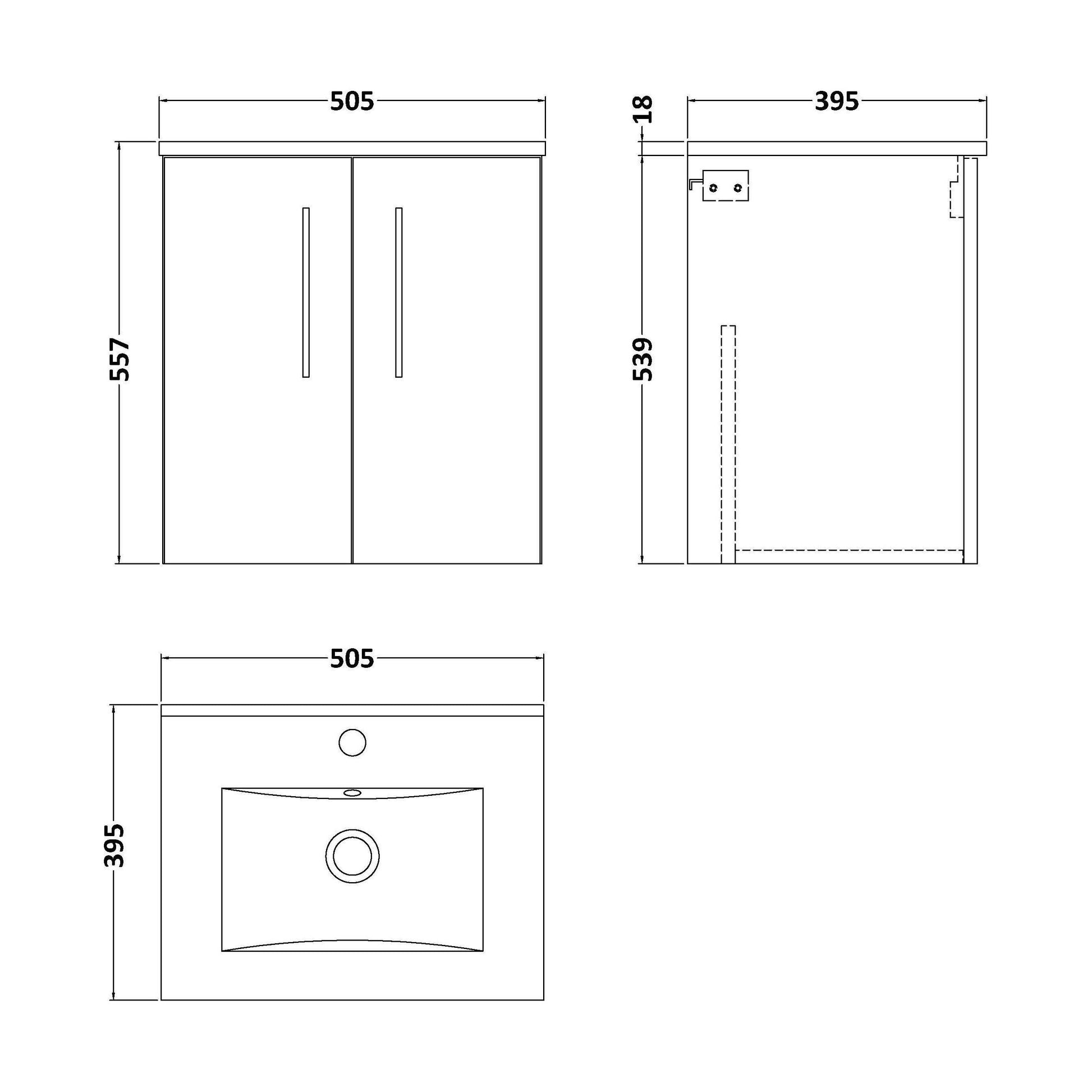 [BFLE821B] Balterley Contemporary Bathroom 2 Soft Close Door & Minimalist Wall Hung Vanity Unit Basin, Satin Green, 500mm - Technical Drawing