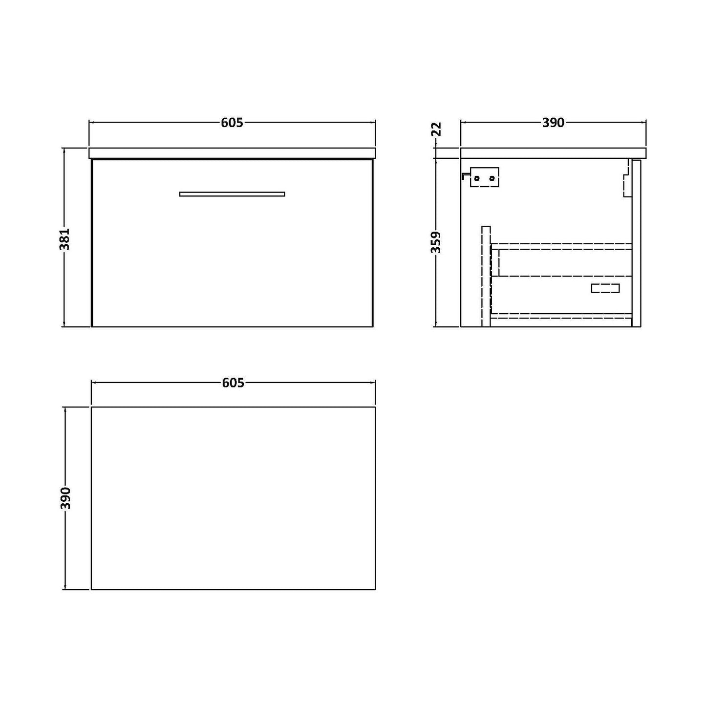 [BFLE822LCM] Balterley Level 600mm Wall Hung Single Drawer Vanity Unit & Laminate Worktop for Modern Bathroom Storage - Satin Green - Technical Drawing