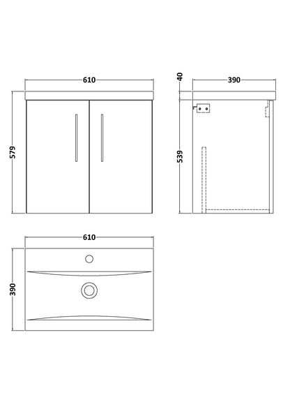 [BFLE823A] Bramshall Contemporary 2 Door Wall Hung Vanity Basin Unit with Mid-Edge Basin, Choice of Size and Colour - Line Drawing