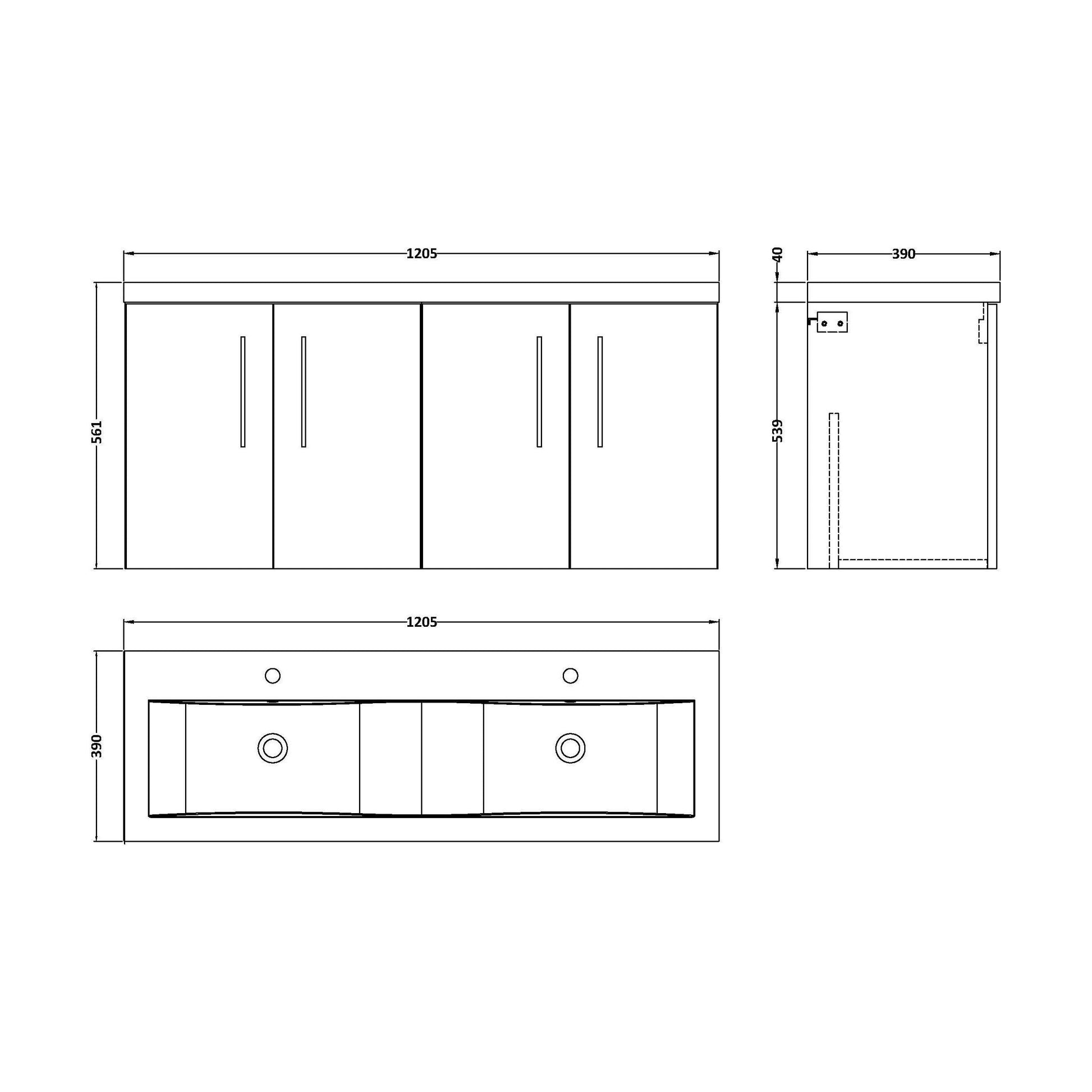 [BFLE823F2] Bramshall 4 Door Vanity Basin Unit - 1200mm - Choice of Basin and Colour - Technical Drawing