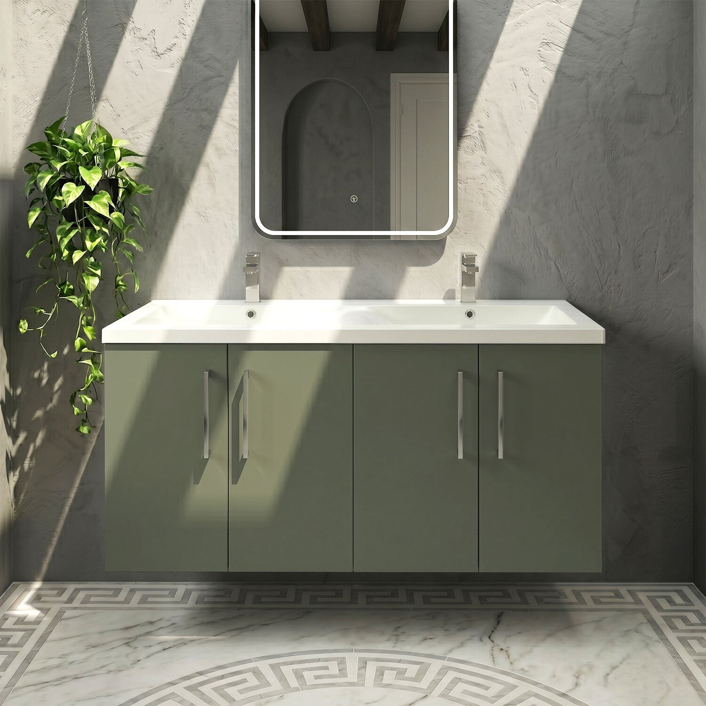 [BFLE823F2] Balterley Level 1200mm Wall Hung 4-Door Vanity Unit with Double Basin for Modern Bathroom Storage - Gloss White - Silo