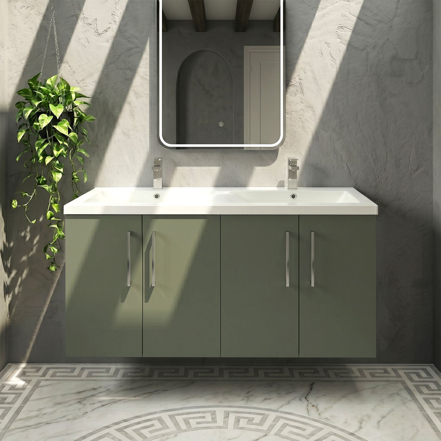 [BFLE823F2] Balterley Level 1200mm Wall Hung 4-Door Vanity Unit with Double Basin for Modern Bathroom Storage - Gloss White - Silo