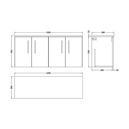 [BFLE823LBG2] Balterley Level 1200mm Wall Hung 2 Door Vanity Unit with Laminate Worktop for Modern Bathroom Storage - Satin Green - Technical Drawing