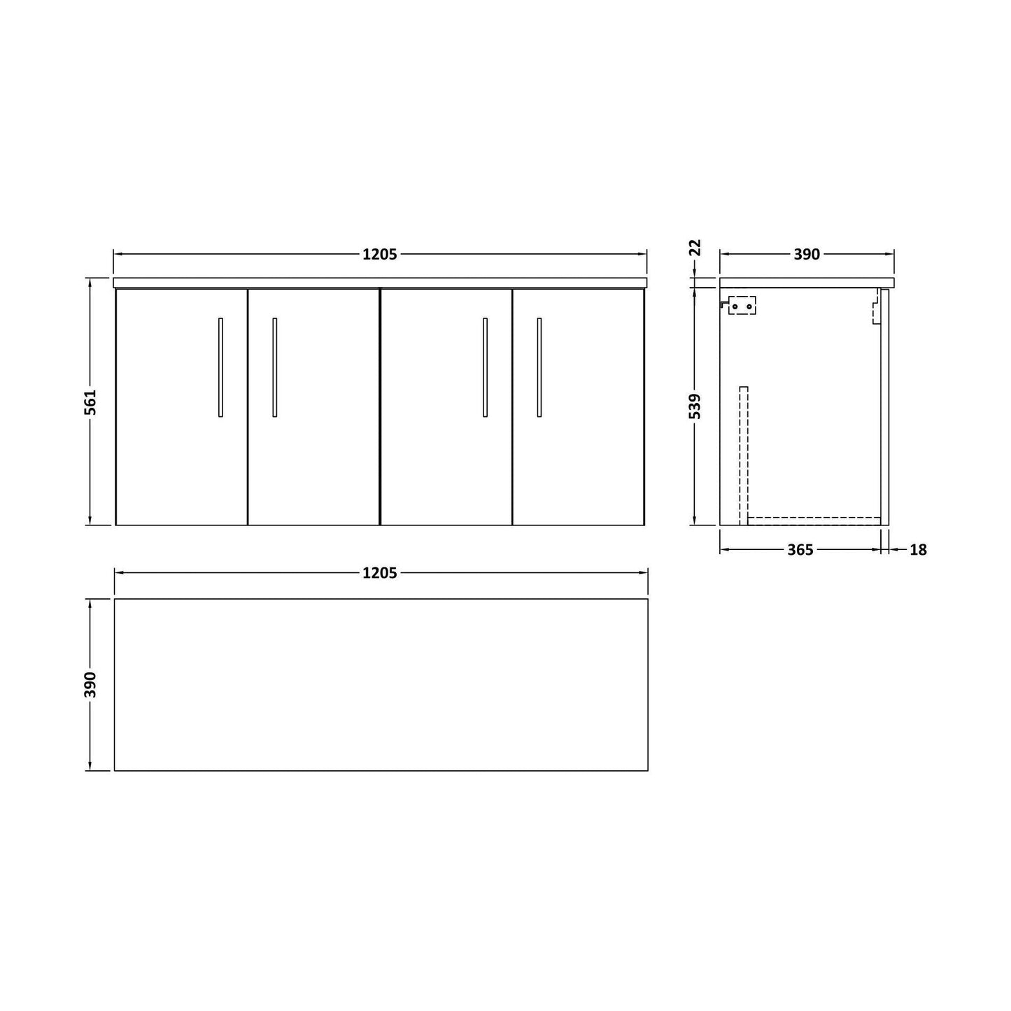 [BFLE823LCM2] Balterley Level 1200mm Wall Hung Vanity Unit with Laminate Worktop for Modern Bathroom Storage - Satin Green - Technical Drawing