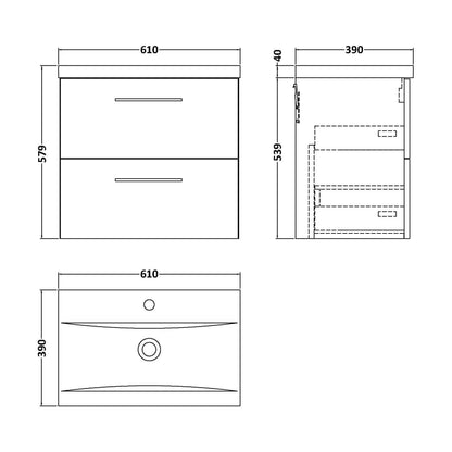 [BFLE824A] Bramshall Wall Hung 2 Drawer Vanity Unit with Mid-Edge Ceramic Basin - Choice of Colour, Handle Finish and Size - Technical Drawing