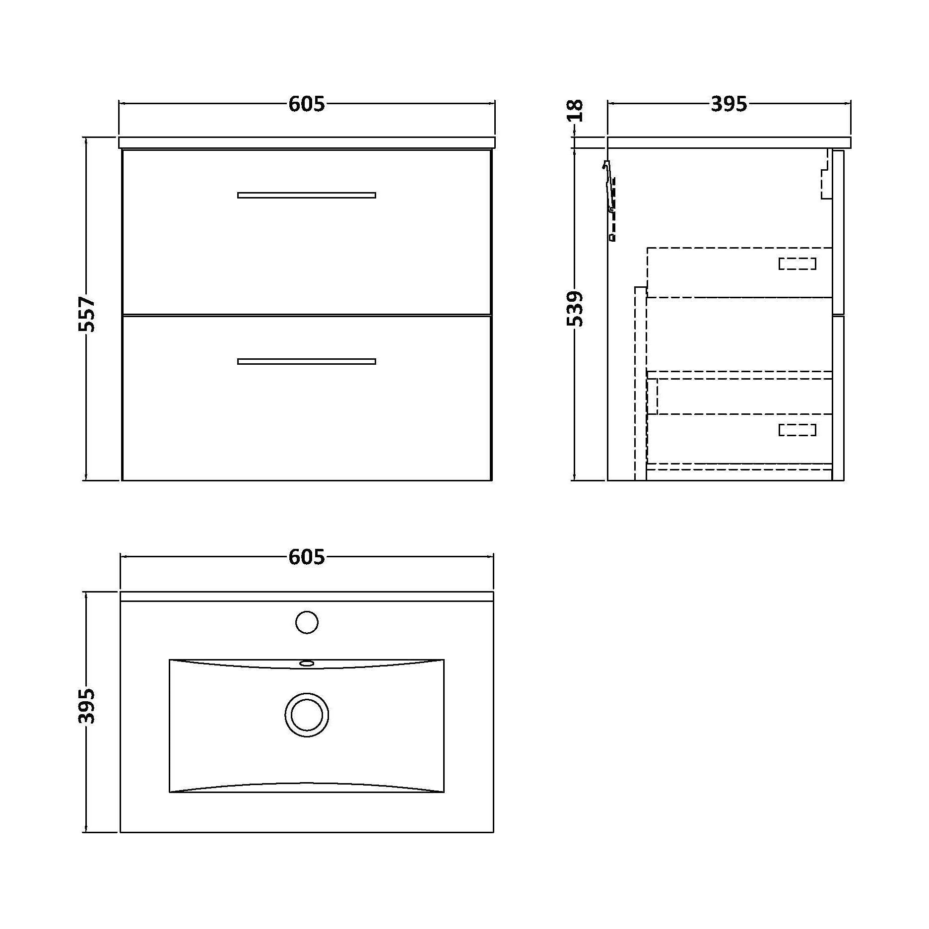[BFLE824B] Balterley  Contemporary Bathroom 2 Soft Close Drawer & Minimalist Wall Hung Vanity Unit Basin, Satin Green, 600mm - Technical Drawing