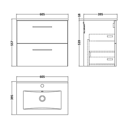 [BFLE824B] Balterley  Contemporary Bathroom 2 Soft Close Drawer & Minimalist Wall Hung Vanity Unit Basin, Satin Green, 600mm - Technical Drawing