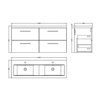 [BFLE824F2] Balterley Level 1200mm Wall Hung 4-Drawer Vanity Unit with Double Basin for Modern Bathroom Storage - Gloss White - Technical Drawing