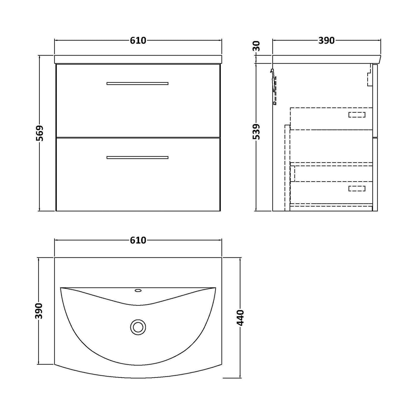 [BFLE824G] Balterley  Modern Bathroom 2 Soft Close Drawer Wall Hung Vanity Unit & Curved Basin, Satin Green, 600 mm - Technical Drawing