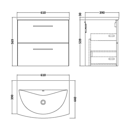 [BFLE824G] Balterley  Modern Bathroom 2 Soft Close Drawer Wall Hung Vanity Unit & Curved Basin, Satin Green, 600 mm - Technical Drawing